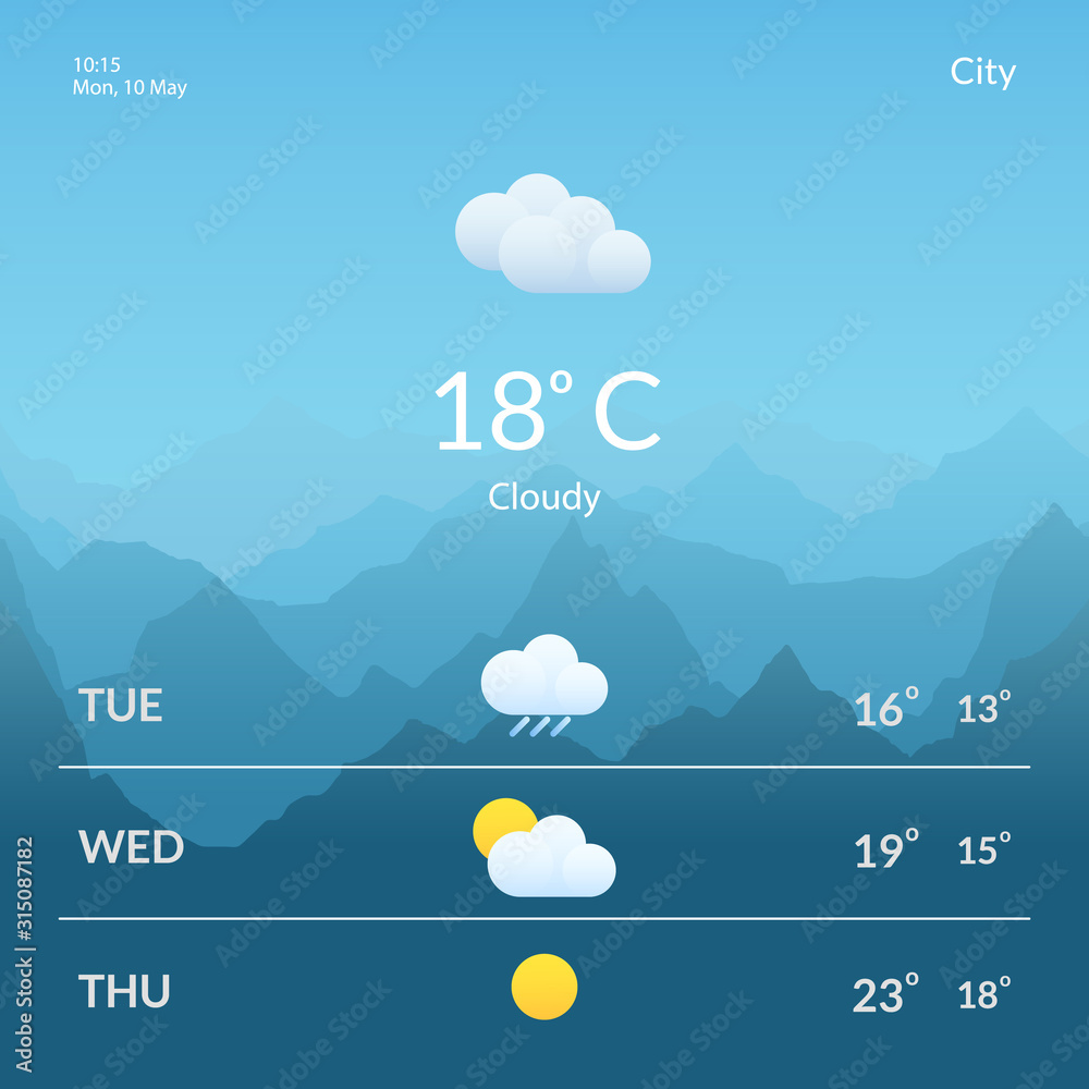 Screens with the weather forecast. Meteorology. Design for mobile