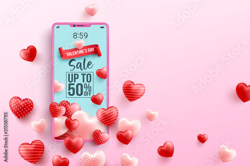 Valentine's Day Sale 50% off Poster or banner with many sweet hearts and smart phone on red background.Promotion and shopping template or background for Love and Valentine's day concept