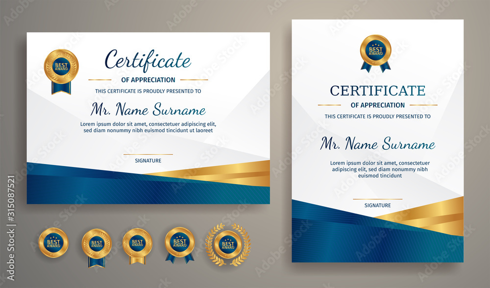 Blue and gold certificate of achievement template with gold badge and ...