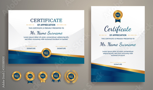 Blue and gold certificate of achievement template with gold badge and border