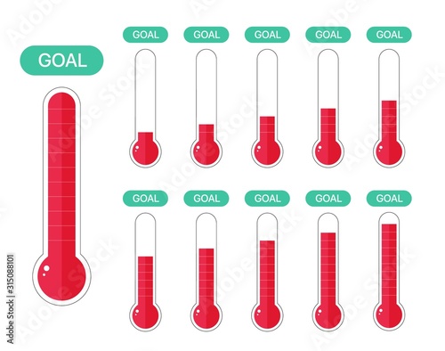 Fundraiser and charity goal thermometer. Growth fund donation success icon set. Vector