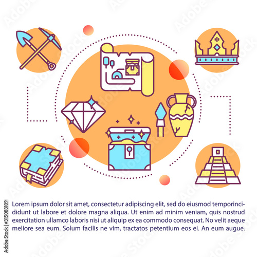 Historical treasures concept icon with text. Archeological expedition. Civilization history. Article page vector template. Brochure, magazine, booklet design element with linear illustrations