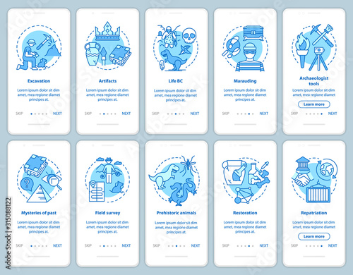 Archeology onboarding mobile app page screen vector template set. Search and protection fossil artifacts. Walkthrough website steps with linear illustrations. UX, UI, GUI smartphone interface concept