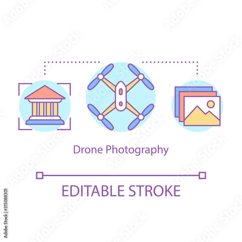 Drone photography concept icon. Quadcopter air survey. Modern aerial camera technology. Quad copter spying idea thin line illustration. Vector isolated outline drawing. Editable stroke