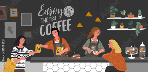 Coffee shop or cafe interior design and scene. Character of Girl barista make cappuccino art and happy cafe customer. Scandinavian style interior with houseplants and handwritten quote. Cartoon