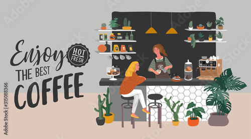 Coffee shop or cafe interior design and scene. Character of Girl barista make cappuccino art and happy cafe customer. Scandinavian style interior with houseplants and handwritten quote. Cartoon