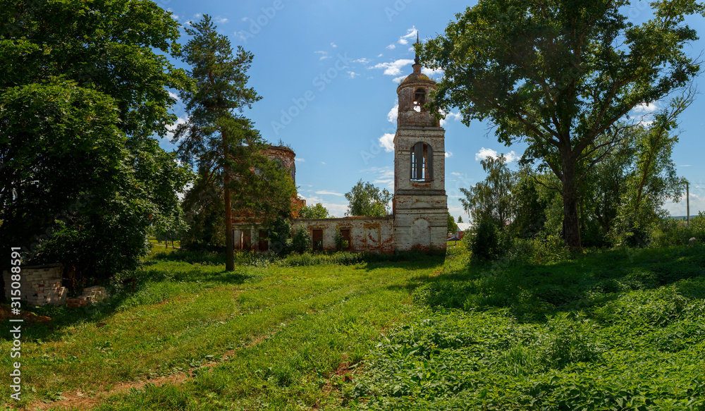 View of the dilapidated Church of the Nativity of John the Baptist in the village of Ivanovo. Ivanovo region, Russia.