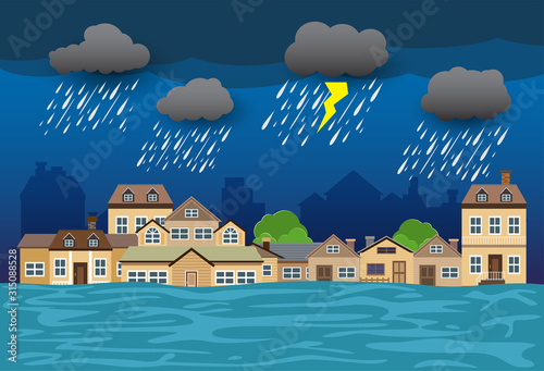 Flood disaster, flooding water in city street, vector design
