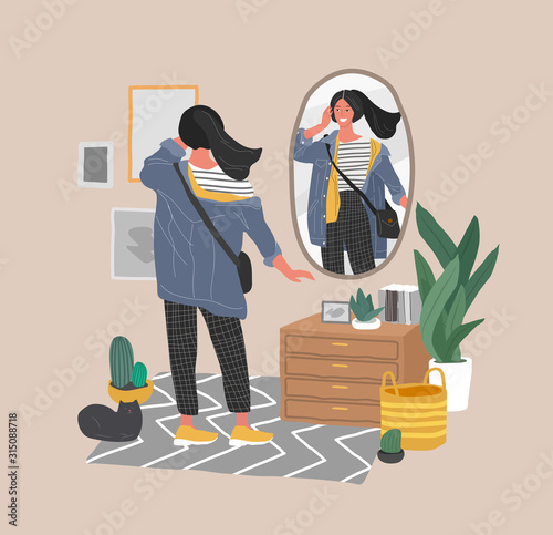 Cute young woman in casual trendy clothes looking at mirror in scandinavian interior. Concept of Feminine Self confidence, love and acceptance yourself. Attractive girl character reflection