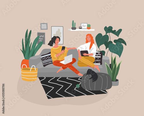 Cute woman sitting on chair with laptop in cozy scandinavian home interior. Gadget addiction concept. Girl spending time online. Daily life of social media networks user. Cartoon vector
