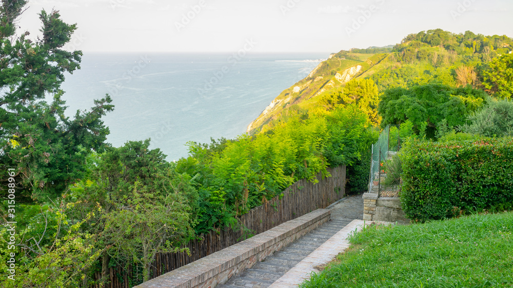 Panoramic view of the cliffs of Fiorenzuola di Focara, over the Adriatic Sea in the Marche Region (Pesaro-Urbino Province).