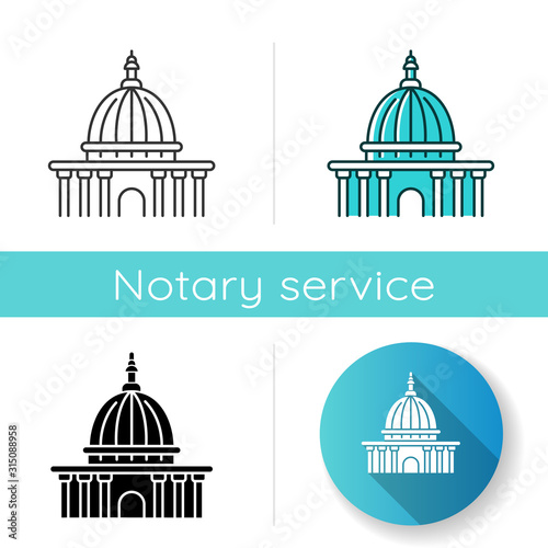 Supreme court icon. Highest judicial institution. Government agency. Courthouse, court building. Administrative office. Law enforcement. Linear black and RGB color styles. Isolated vector illustration