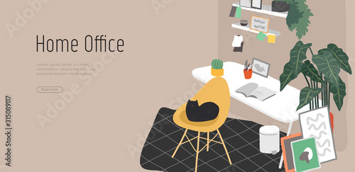 Landing page template with hand drawing Scandinavian style cozy home office with homeplants. Scandinavian or Nordic style interior. Cartoon vector illustration photo