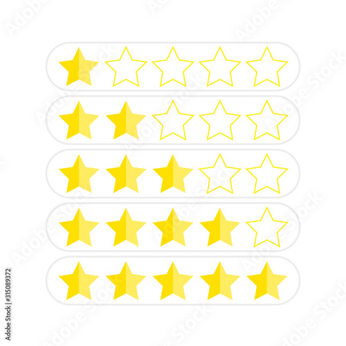 Customer satisfaction rating, stars 1 to 5, golden yellow