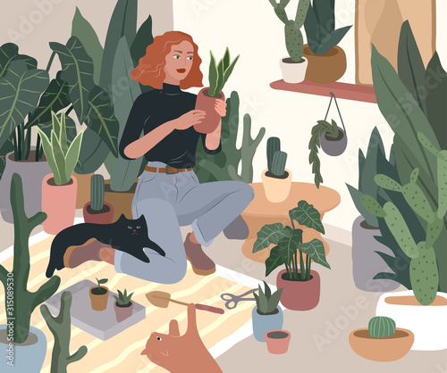Girl caring for house plants in urban home garden with cat. Daily life and everyday routine scene by young woman in scandinavian style cozy interior with homeplants. Cartoon vector illustration.