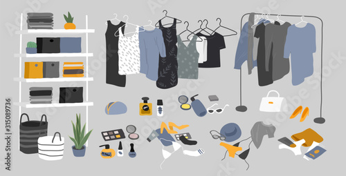 Set of wardrobe stuff. Closet wardrobe furniture inside. Various bag, shoes, cosmetics and trendy clother. Interior things in scandinavian design style. Hand drawn isolated elements. Cartoon vector photo