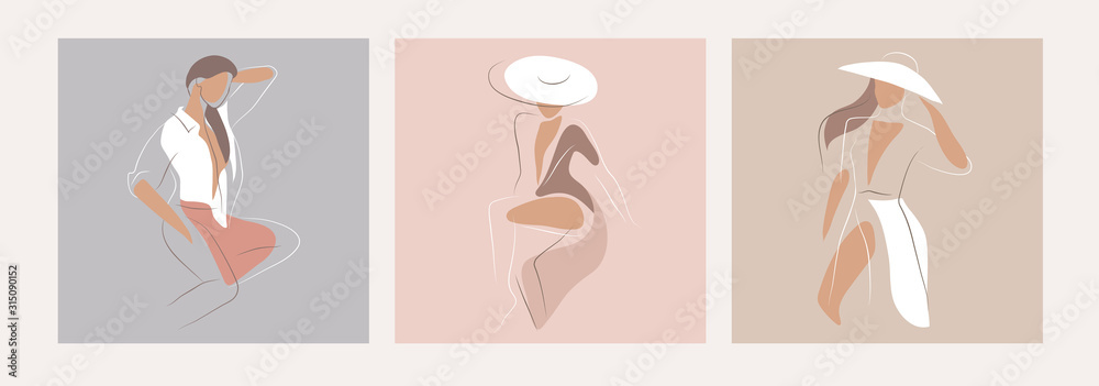Feminine concept design template and illustration. Woman in minimal linear style Fashion illustration by femininity, beauty and modern art. Abstract poster and t-shirt print Vector illustration - obrazy, fototapety, plakaty 