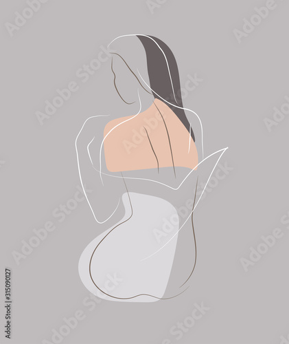 Feminine concept design template and illustration. Woman in minimal linear style Fashion illustration by femininity, beauty and modern art. Abstract poster and t-shirt print Vector illustration