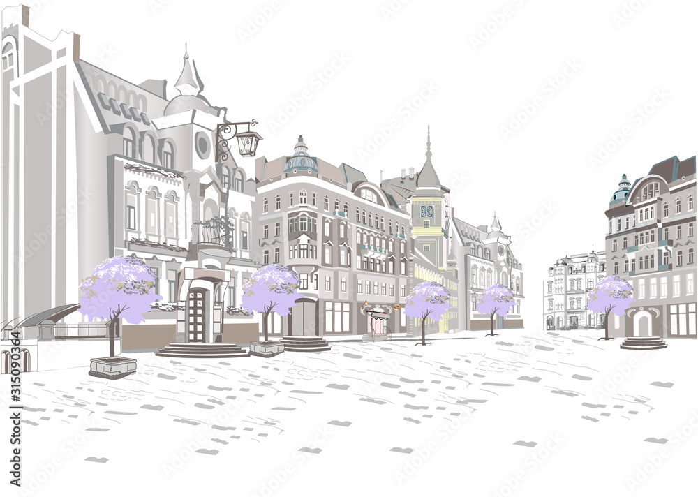 Fototapeta Series of retro street views with fashion people in the old city. Hand drawn vector architectural background with historic buildings. Street musicians.