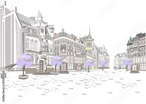 Series of retro street views with fashion people in the old city. Hand drawn vector architectural background with historic buildings. Street musicians.