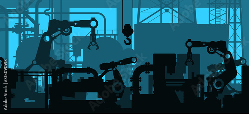 Industrial plant shop interior, factory production line - manufacturing department with engineering tool silhouettes