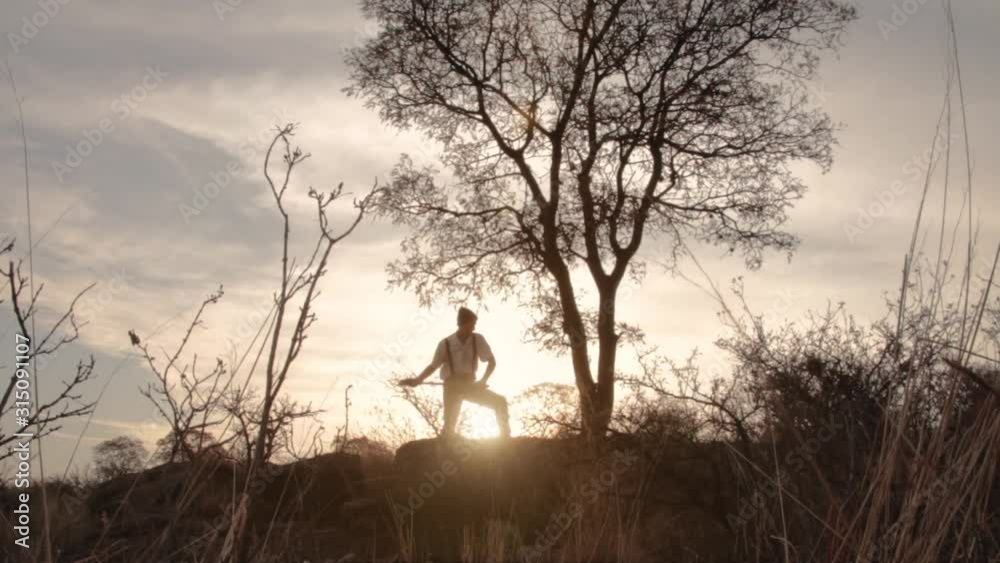 Man cutting tree with axe at the top of the mountain at sunset