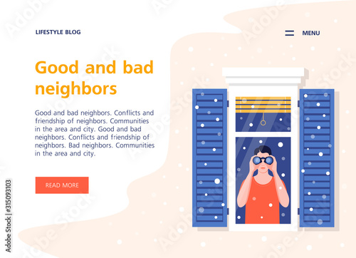 A young man from the window looking through binoculars. Neighborhood. Spy. Curious neighbor. Winter snowfall. Landing page and website template. Vector flat illustration