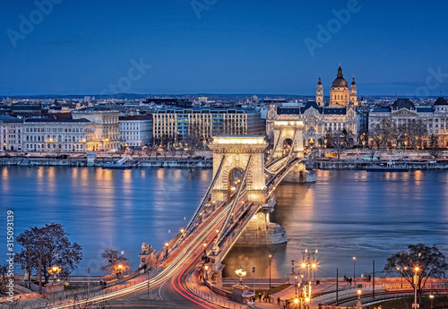 View on the famous Chain Bridge, Budapest in sunset