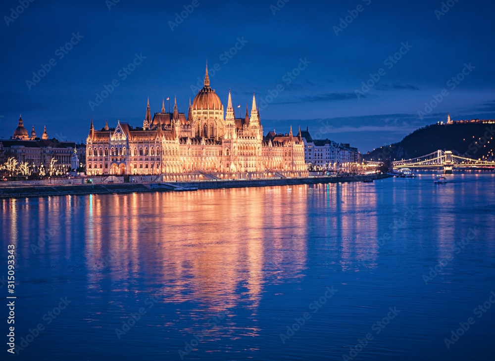 The famous Hungarian Parliament in Budapest in dusk
