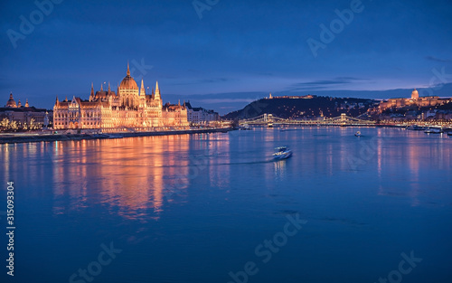 The famous Hungarian Parliament in Budapest in dusk