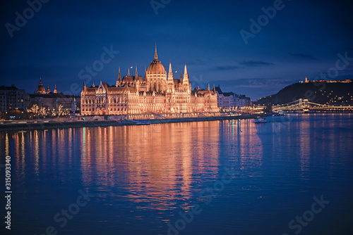 The famous Hungarian Parliament in Budapest in dusk