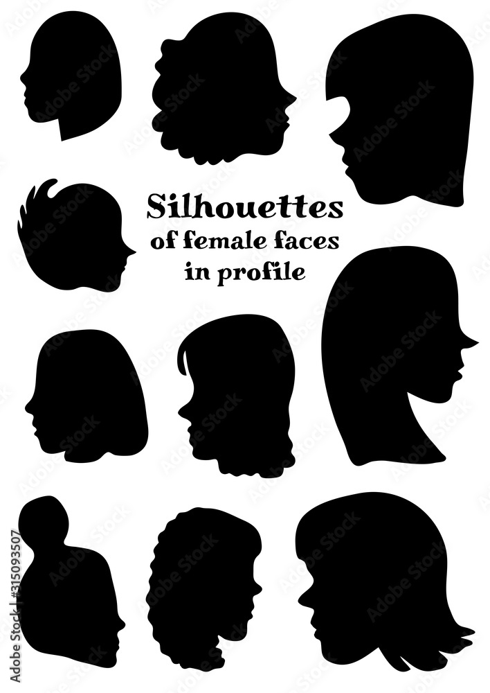 Silhouettes of female faces in profile. Vector illustration. Hand drawing outlines