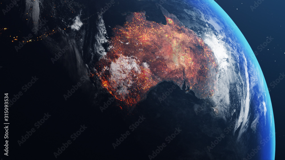 3D illustration of Earth globe with map of australia all burnt and on fire - obrazy, fototapety, plakaty 