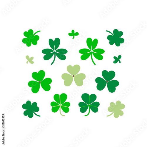 Set, collection of vector green clover leaves isolated on white background for St. Patrick's Day design.