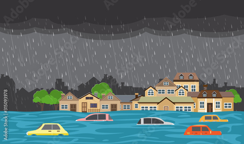 Flood disaster, flooding water in city street, vector design