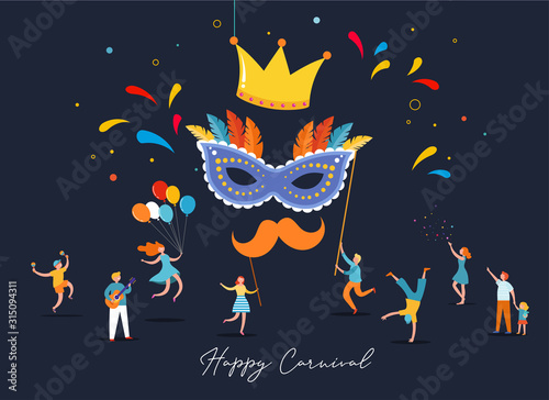 Carnival, party, Purim background with tiny, miniature people, families, kids and young adults jumping, dancing and celebrating.