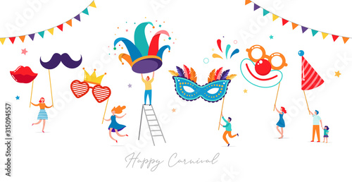 Carnival, party, Purim background with tiny, miniature people, families, kids and young adults jumping, dancing and celebrating.