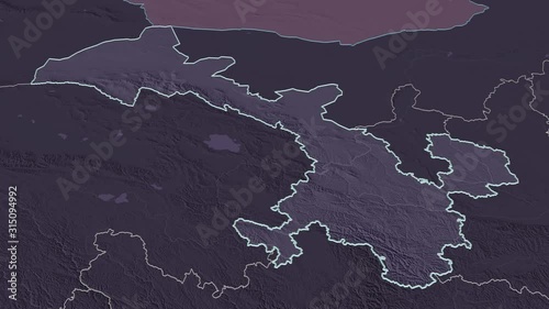 Gansu, province with its capital, zoomed and extruded on the administrative map of China in the conformal Stereographic projection. Animation 3D photo
