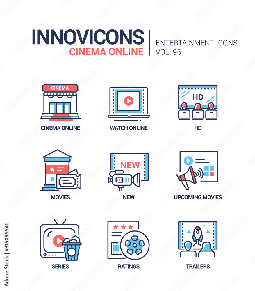 Cinema online - vector line design style icons set Cinema online - vector line design style icons set