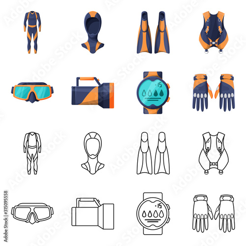 Isolated object of diving and water symbol. Set of diving and scuba stock vector illustration.