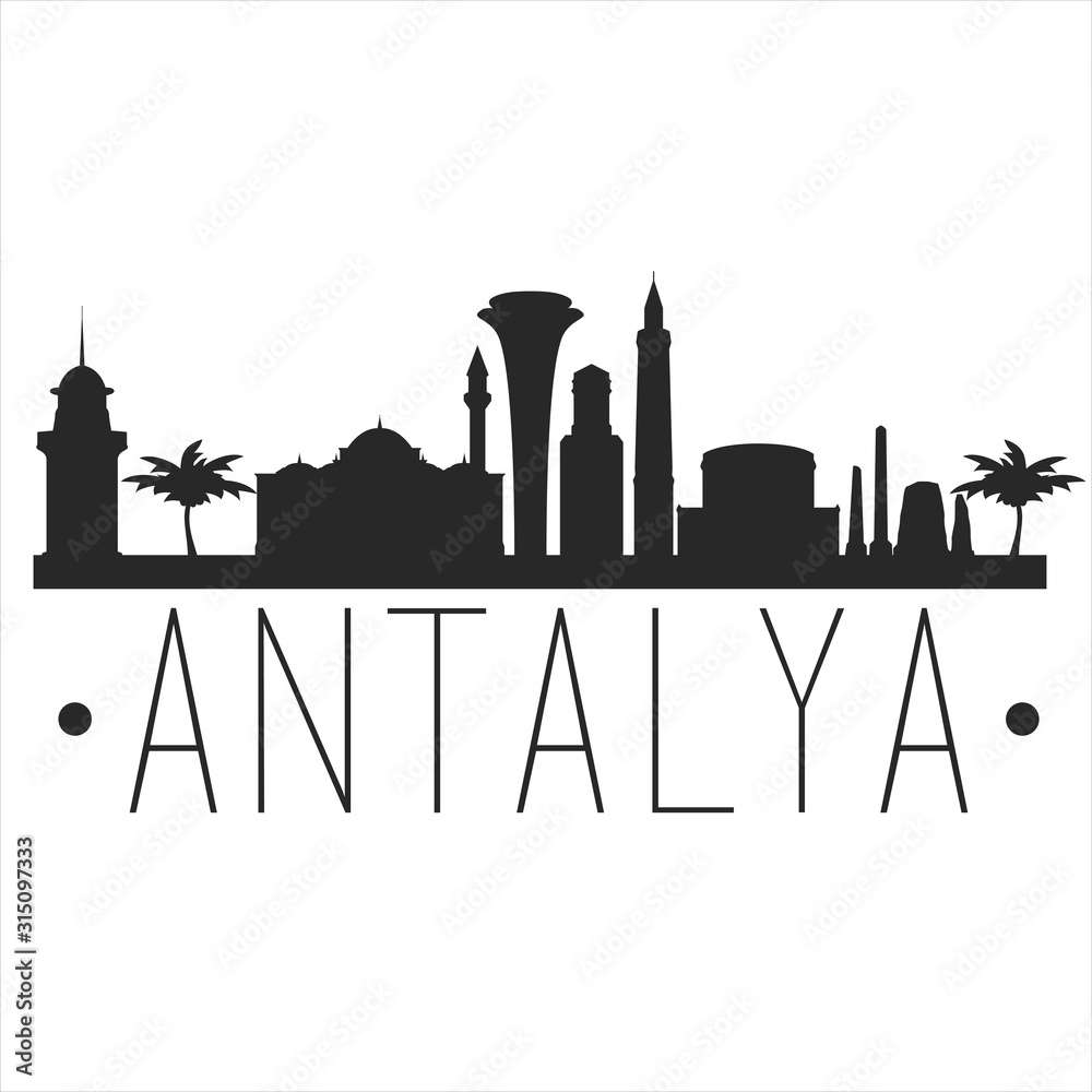 Antalya Turkey. City Skyline. Silhouette City. Design Vector. Famous Monuments.