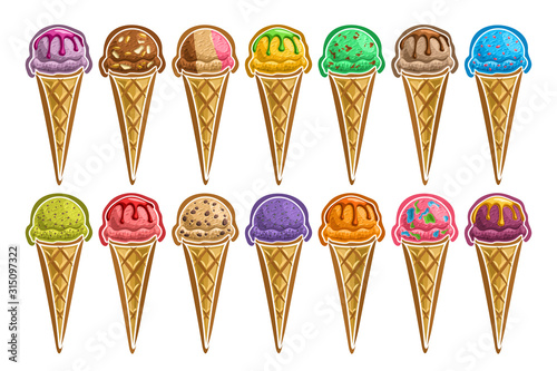 Vector set of Ice Creams Cones, group of 14 cut out illustrations sweet snacks different colors on white, collection of yummy frozen ice creams in waffle cones with milky ingredients for cafe menu.