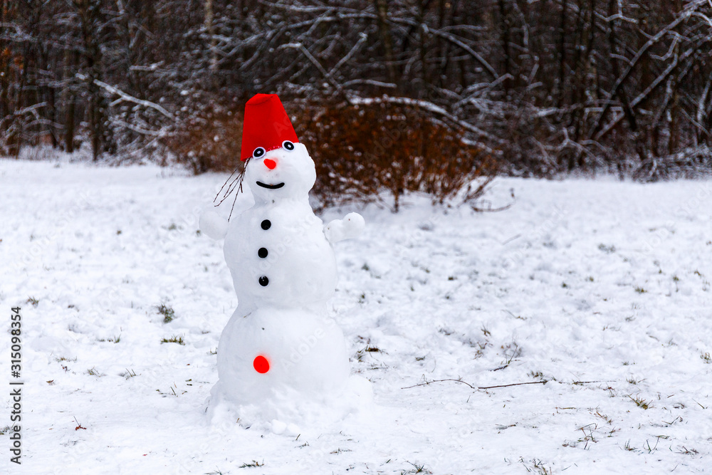 Fototapeta premium View of a snowman made of snow is in the Park. Moscow, Russia.