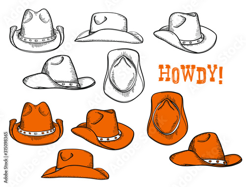 Cowboy hats set. Vector hand drawn graphic illustration of westrn hats clothes isolated on white for design