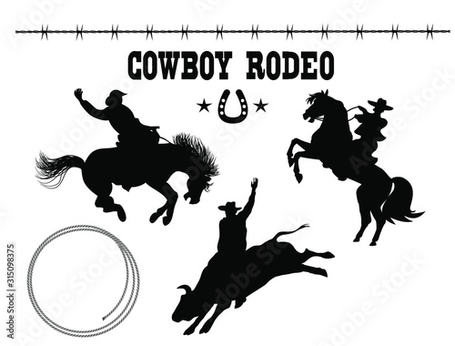 Rodeo. Vector American set of Rodeo. Black silhouette riders on bull and wild horse on white background with text