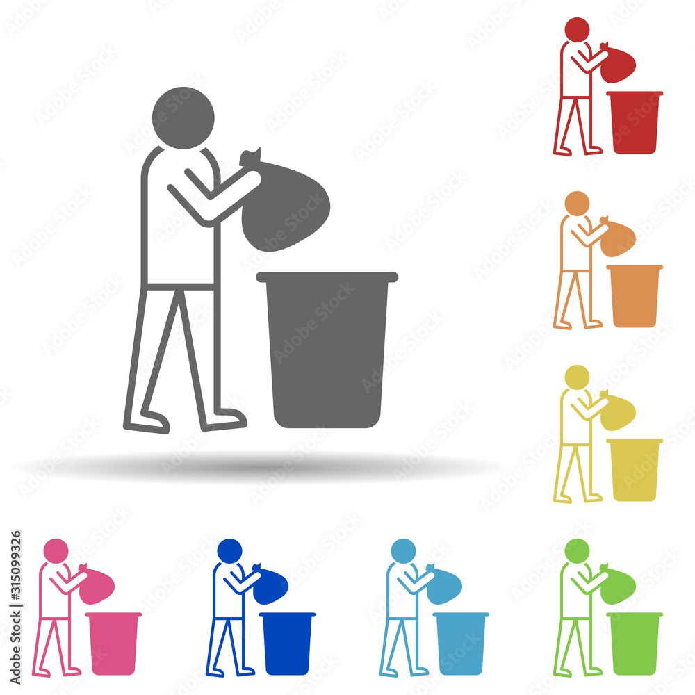 Man trash in multi color style icon. Simple thin line, outline vector of miscellaneous icons for ui and ux, website or mobile application Man trash in multi color style icon. Simple thin line, outline vector of miscellaneous icons for ui and ux, website or mobile application