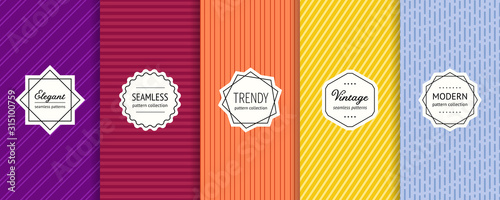 Striped seamless patterns set. Vector collection of colorful geometric background swatches with modern labels. Minimalist texture with lines, stripes. Purple, maroon, orange, yellow and blue design