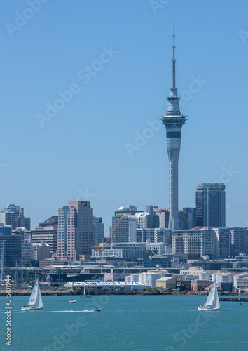Auckland New Zealand Skyline city with skytower and sailing boats