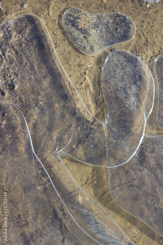 transparent ice texture on a frozen puddle
