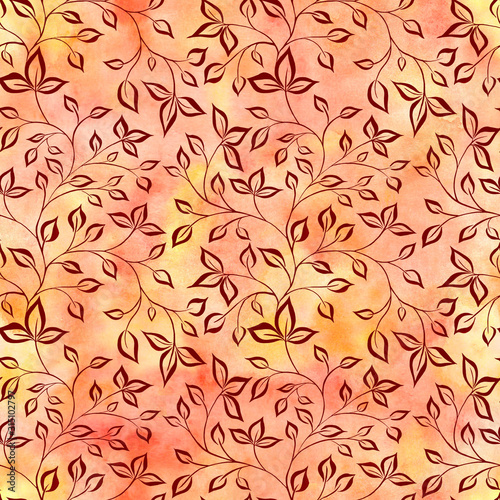 Watercolor orange background with botanical pattern. Seamless pattern. Watercolor stock illustration.